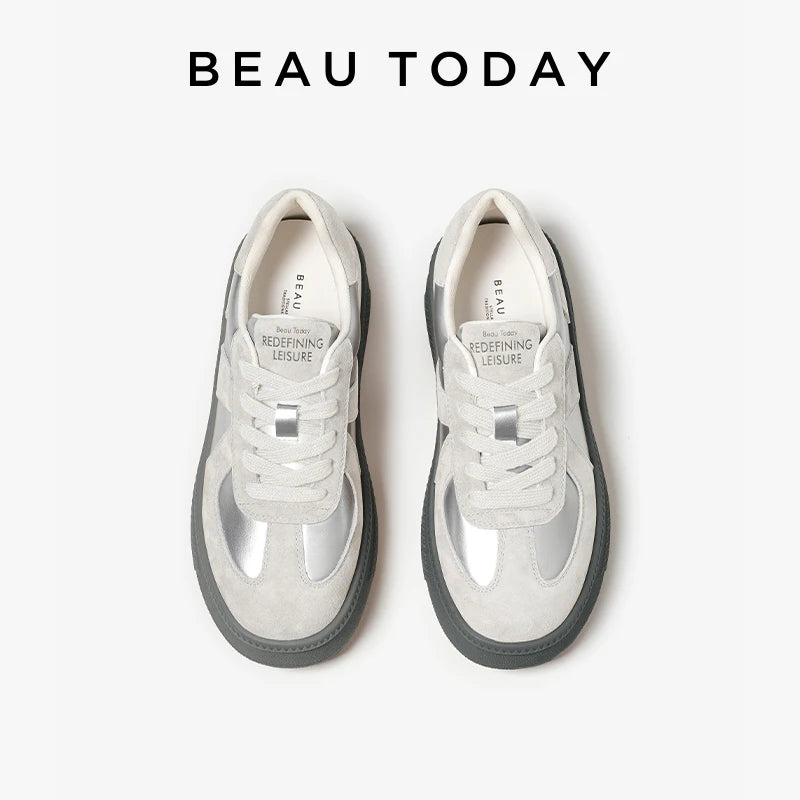 BEAUTODAY Fashion Sneakers Women Suede Leather Mixed Colors Lace-up Round Toe Sliver Flats Ladies Vulcanize Shoes A29864