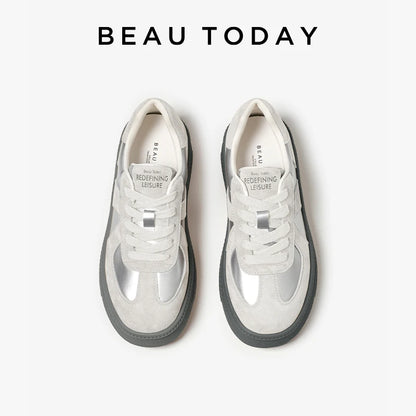 BEAUTODAY Fashion Sneakers Women Suede Leather Mixed Colors Lace-up Round Toe Sliver Flats Ladies Vulcanize Shoes A29864