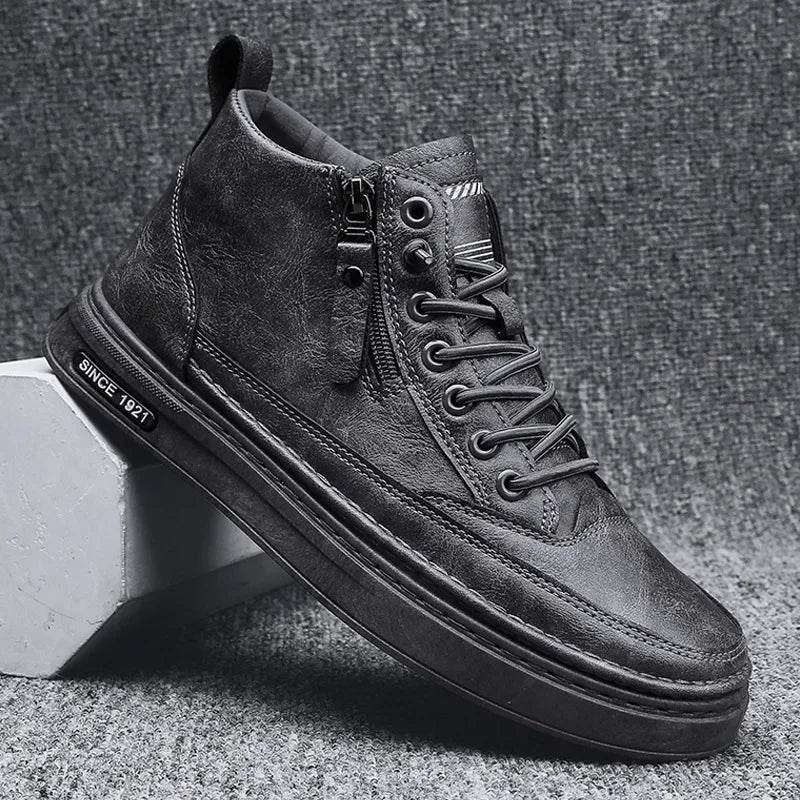 Leather Boots Men Spring High Casual Shoes for Men Trend Zipper Walk Flats Winter Shoes Vulcanized Ankle Boots New Zapatillas - Touchy Style