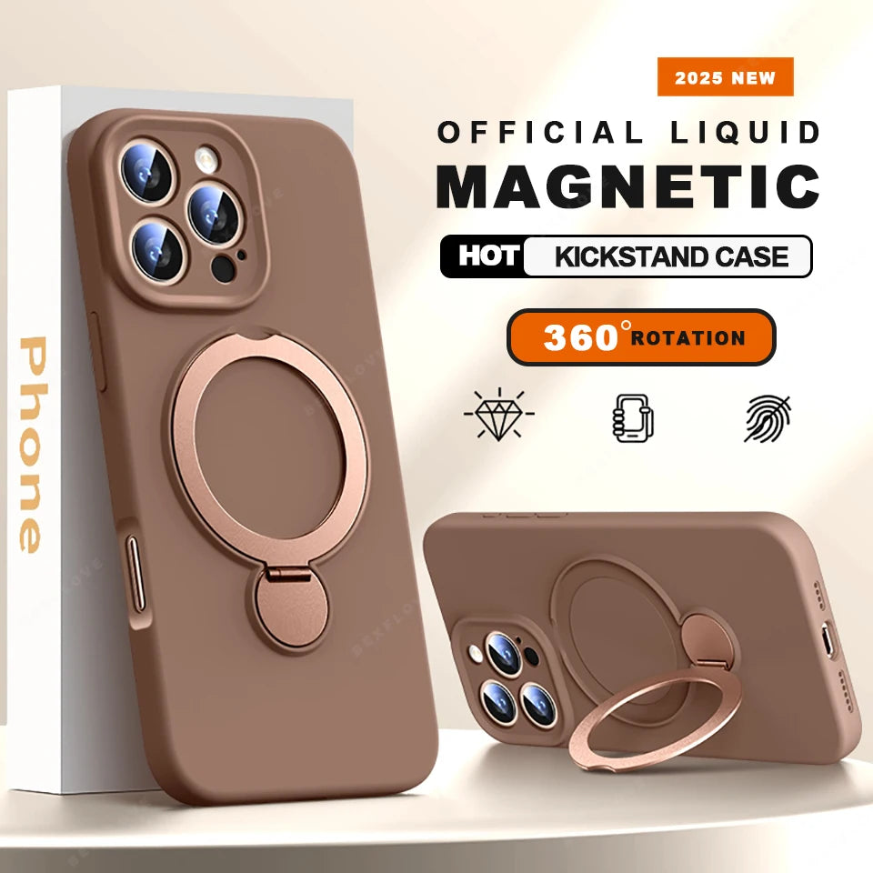 For Magsafe Stand Phone Case For iPhone 16 Plus 13 14 15 16 Pro Max Liquid Silicone Magnetic Charge Holder Protector Soft Cover
