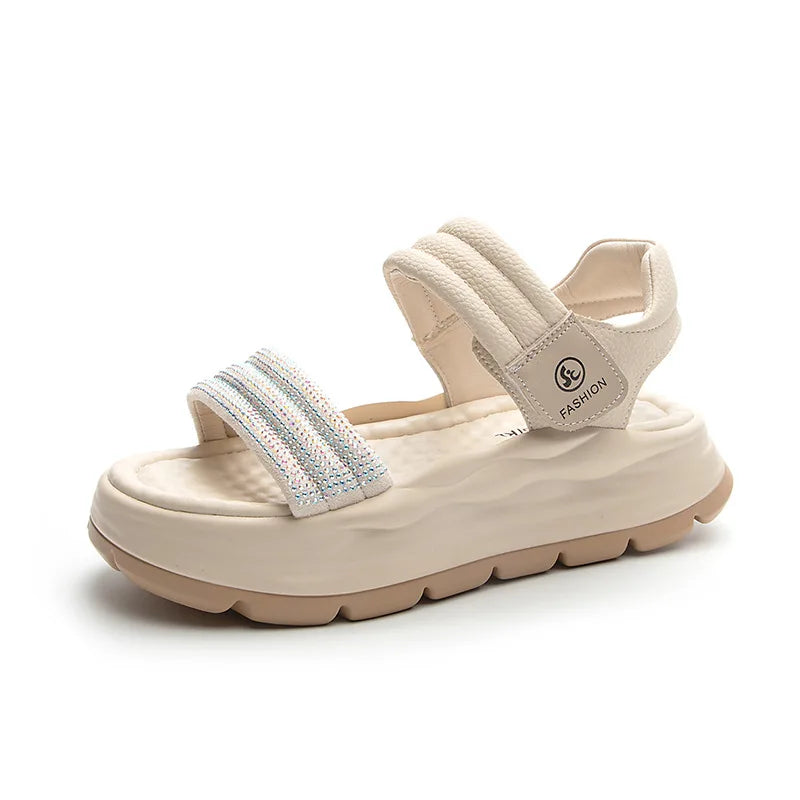 Genuine Leather Sandals Platform Wedges Women Open Toe Ladies Casual hook &amp; loop Beach Summer Shoes