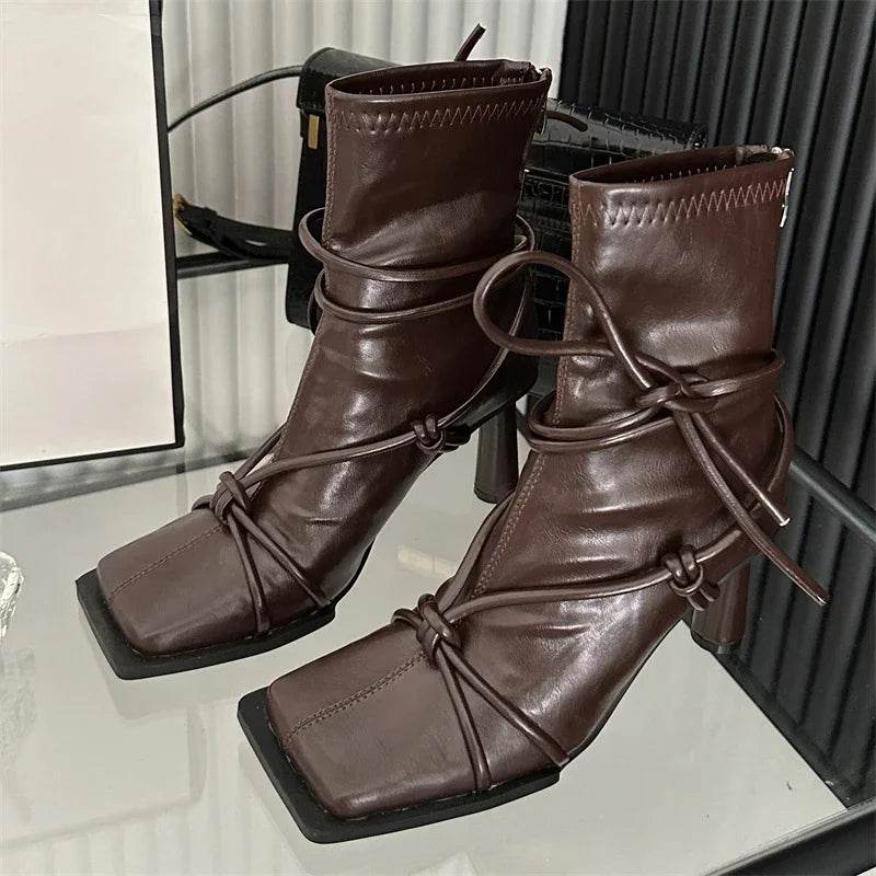 Spring Autumn Design Cross- Strap Women Ankle Boots Punk Style Square Toe High Heels Zipper Booties Shoes - Touchy Style