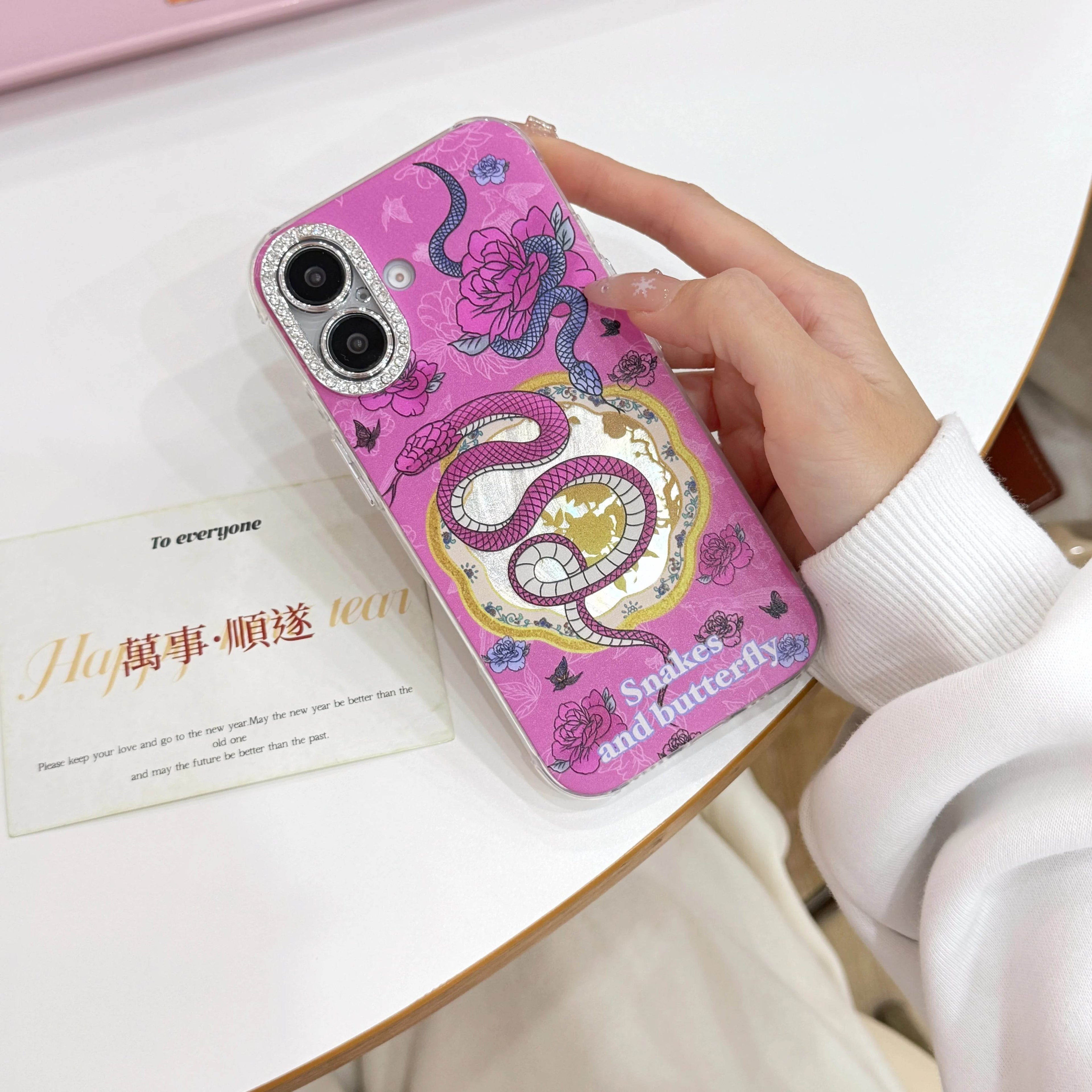 Cute Phone Cases For iPhone 16, 15, 14, 13 Pro Max - Rose Pink Snake &amp; Roses - Lens Protection Chic Back Cover - PC9140 - Touchy Style