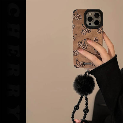 Sexy coffee leopard print cherry art suede Phone case For iPhone 16 15 14 13 12 11 Pro Max Case Cartoon Plush ball pendant Cover - Touchy Style