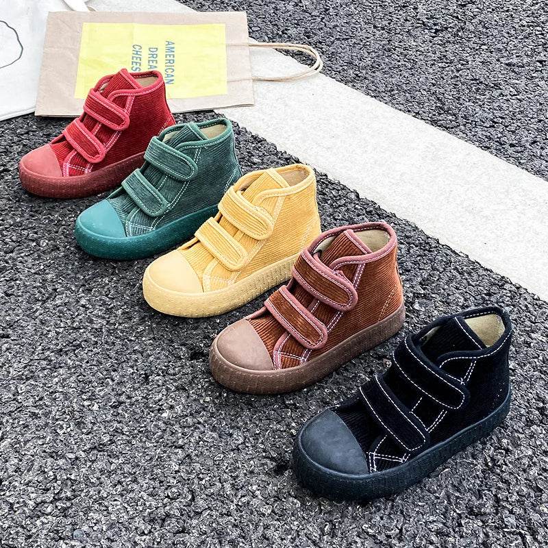 2024 Fashion Hook&amp;Loop Soft Corduroy Kids Sneakers School Casual All-match Children Girl Shoes High Top Autumn Boys Boots E08051 - Touchy Style