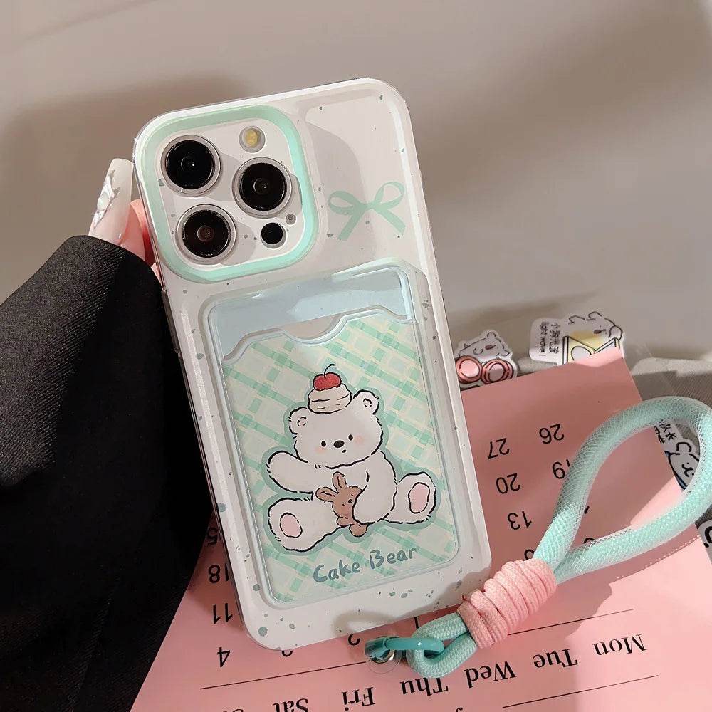 Cute Phone Cases For iPhone 16, 15, 14, 13 Pro Max, Xr, 15, 14, 16 Plus - Cherry Cake Bear Doll - Green plaid Photo Card Holder - IC5320 - Touchy Style