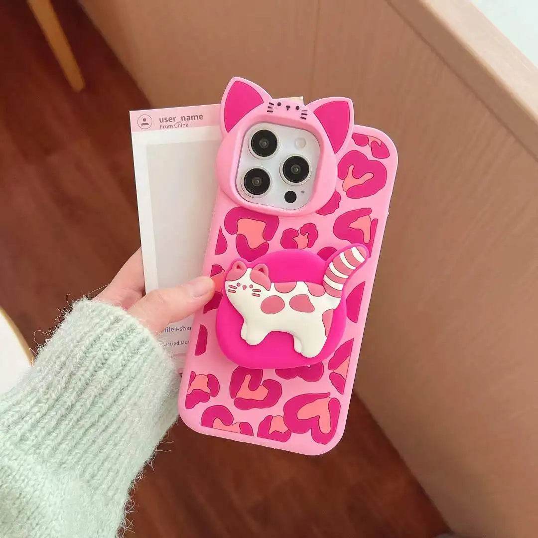 Cute Phone Cases - 3D Heart Leopard and Printed Cat Bracket - Cat Ears Kitten Camera Protection Cover - IC5021 - Touchy Style