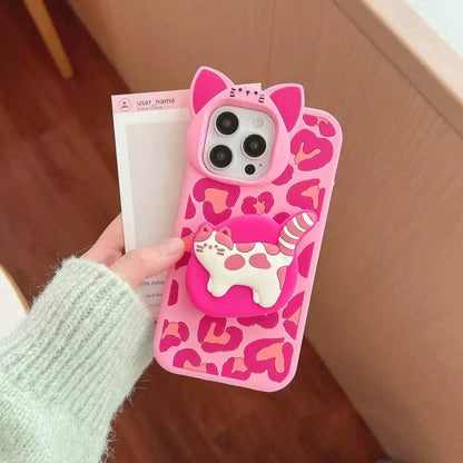 Cute Phone Cases - 3D Heart Leopard and Printed Cat Bracket - Cat Ears Kitten Camera Protection Cover - IC5021 - Touchy Style