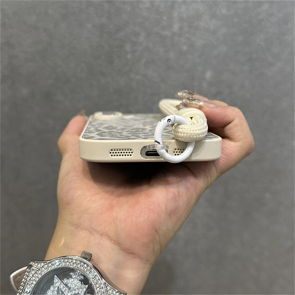 Fashion Leopard Print Pattern Bracelet Wrist Strap Cute Phone Case For iPhone 15 14 13 12 11 16 Pro Max Plus Shockproof Bumper Cover