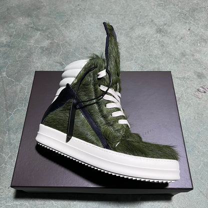 Brand Women Designer Ankle Boot Horse Fur Casual High Top Men Sneaker Leather Geobasket Army Green Zip Quality Thick-sole Shoe - Touchy Style