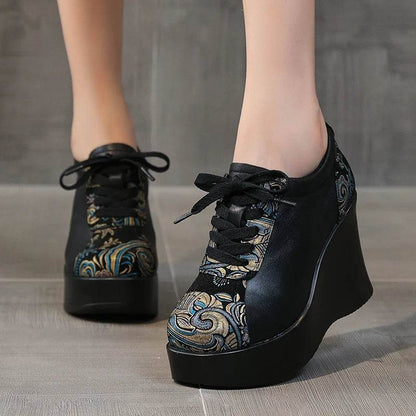 Spring Ethnic Style Women Genuine Leather Shoes Lace Up Wedges Heels Shoes Thick Sole Casual Ladies Platform Shoes - Touchy Style