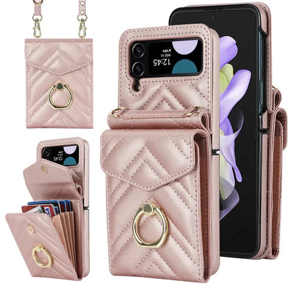 BCPC947 Cute Phone Cases for Galaxy Z Flip 5, Galaxy Z Flip 4, and Galaxy Z Flip 3 - Luxury Crossbody Leather Wallet Cover