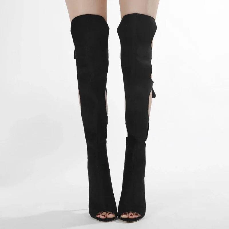 Street Style Thin High Heels Women Knee-High Boots Designer Hollow Out Zipper Shoes Party Prom Zapatos De Muje - Touchy Style