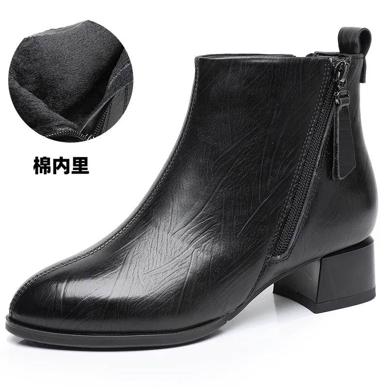 New Ankle Boots Women Pointed Toe Thick Heels Genuine Leather Shoes Short Boots Soft Sole Footwear Plus Size 35-43 - Touchy Style