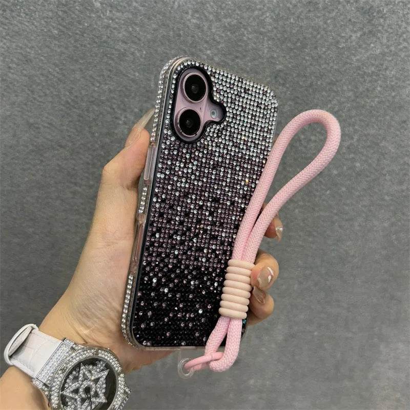 Luxury Bling Case Full Shinny Diamond Bumper Frame Cover For iPhone 15 16 ProMax 14 Plus 13 12 11 Pro Max Wristband Lanyard Case - Touchy Style