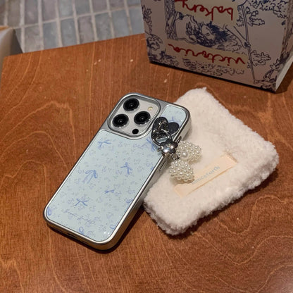 Cute Phone Cases For iPhone 16, 15, 14, 13 Pro Max - Electroplated Frame, Blue Bowknots Beads Dangle - Back Cover - PC0230 - Touchy Style