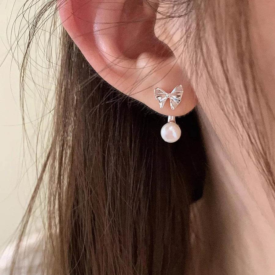 PANJBJ 925 Sterling Silver Bowknot Pearl Earrings For Women Design Sweet Simplicity Jewelry Party Gift Dropshipping - Touchy Style