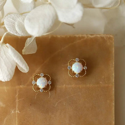 925 Sterling Silver Electroplated 14K Gold Earrings for Women French Imitation Opal Zirconia Flower Light Luxury Earrings - Touchy Style