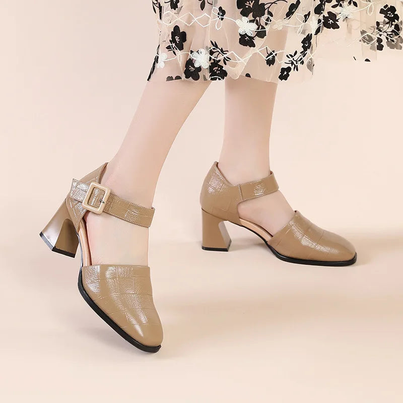 New Fashion Genuine Leather Sandals Woman High Heels Closed Toe Ladies Summer Buckle Strap Platform Shoes Women Sandals