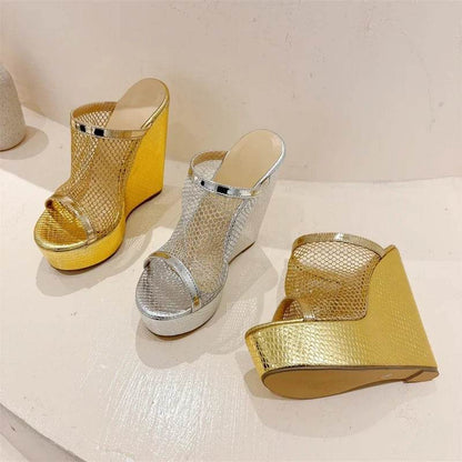 Eilyken Street Style Gold Silver Fashion Open Toe Platform Wedges Women Slippers Design Mesh Fabric Banquet High Heels Shoes - Touchy Style
