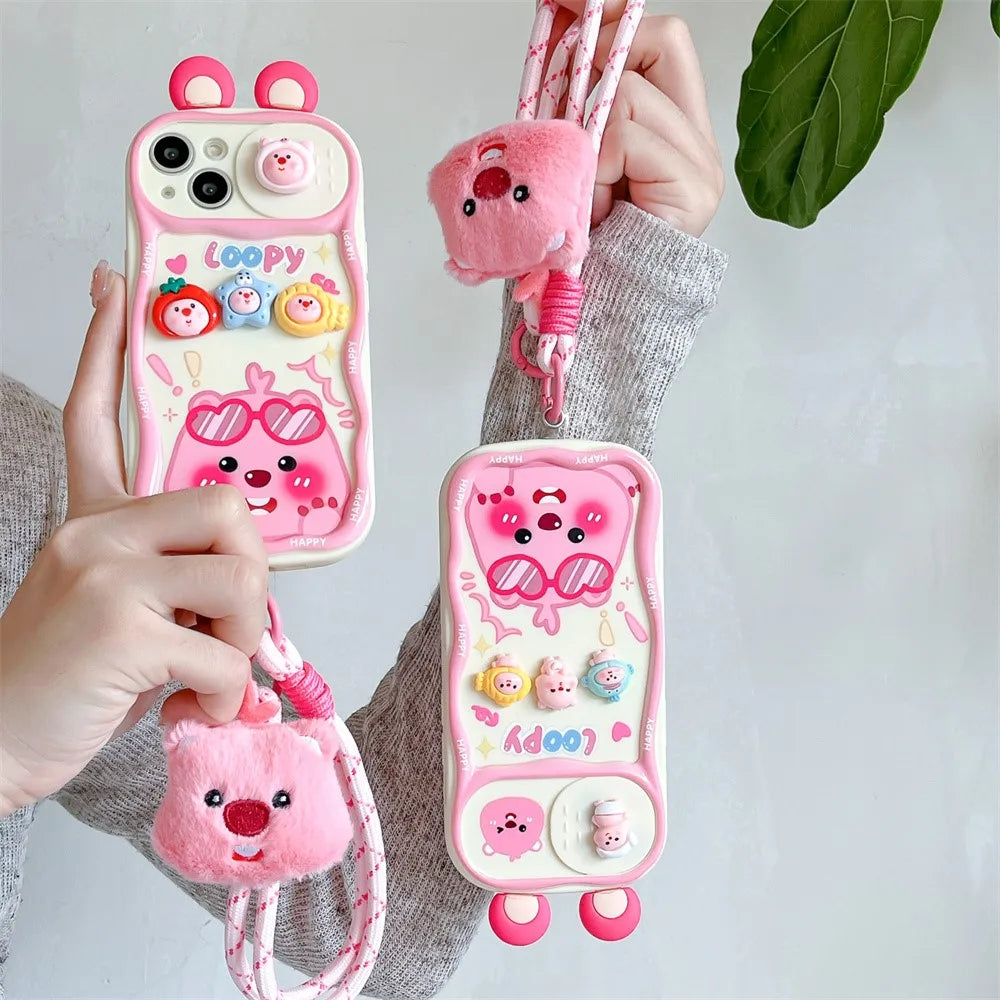 Cute 3D Cartoon Loopy Push-Pull Camera Phone Case for IPhone 16 15 Pro Max 14 Plus 13 12 Pro Max 11 with Strap Soft Back Cover