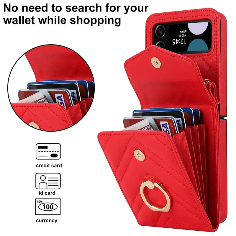 BCPC947 Cute Phone Cases for Galaxy Z Flip 5, Galaxy Z Flip 4, and Galaxy Z Flip 3 - Luxury Crossbody Leather Wallet Cover