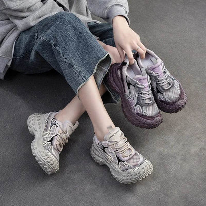 Genuine Leather Shoes Women Sneakers Lace-up Retro Mixed Colors New Spring Handmade Concise Platform Sneakers - Touchy Style