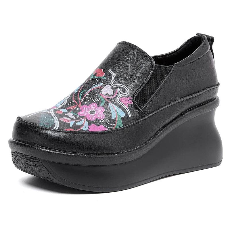 Spring Ethnic Style Women Genuine Leather Shoes Slip-On Wedges Heels Shoes Thick Sole Casual Ladies Platform Shoes - Touchy Style