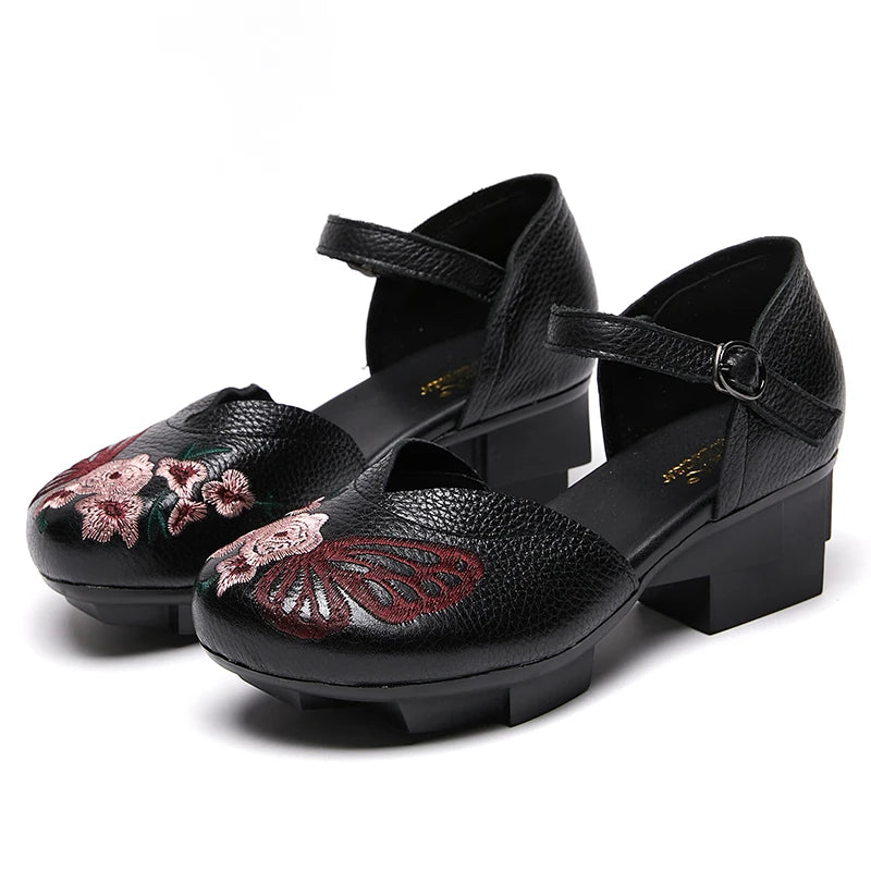 High Heels Sandals Women Shoes 2024 New Spring Genuine Leather Buckle Strap Retro Round Toe Casual Platform Ladies Shoes