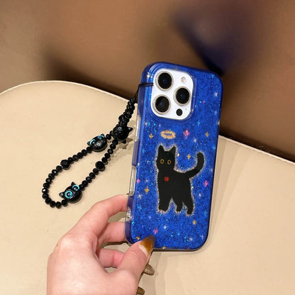 Cute Phone Cases For iPhone 16, 15, 14, 13 Pro Max - Glittering Blue Background Black Cat Pattern - Cover With Wrist Chain - PC6530 - Touchy Style