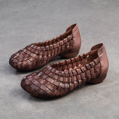 Autumn New Vintage Versatile Genuine Leather Woven Flat Shoes Handmade Round Toe Handmade Soft Sole Slip-on Shoes - Touchy Style