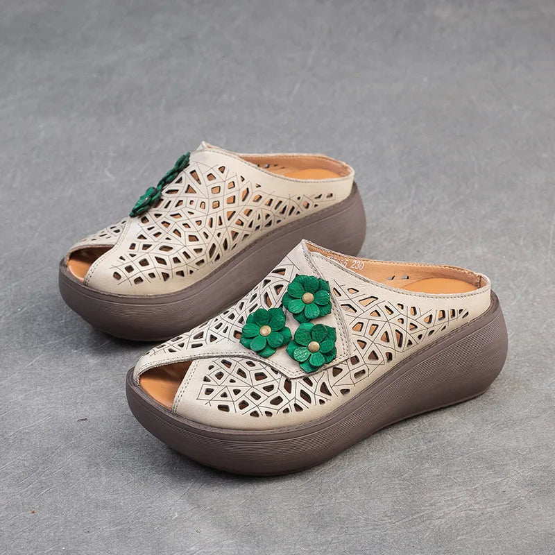 Fashion Cut-outs Women Shoes Slippers Summer Peep Toe Wedge Sandals Genuine Leather Lady Slides Shoes Woman