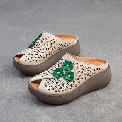 Fashion Cut-outs Women Shoes Slippers Summer Peep Toe Wedge Sandals Genuine Leather Lady Slides Shoes Woman