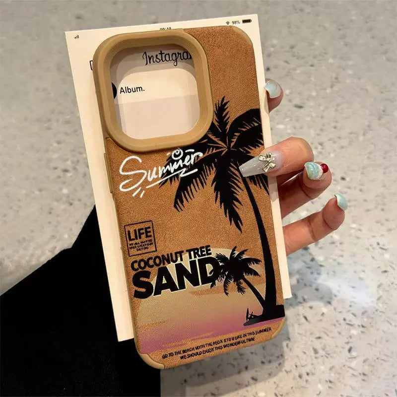 Coconut Tree Pattern Design Shockproof Bonded Leather Phone Case For iPhone 16 Pro Max 15 14 Plus 13 12 11 XS Max XR X XS Cover
