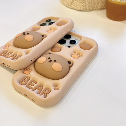 3D Bear Hidden Holder Cute Phone Case for iPhone 11, 12, 13, 14, 15 Pro Max, XS, XR, X, 7, 8 Plus
