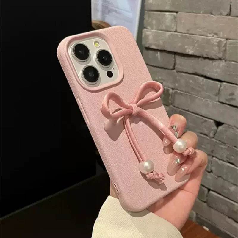 Cute Phone Cases For iPhone 16, 15, 14, 13, 12 Pro, 11 Plus, 11 Pro Max - 3D Pearl Bowknot PU Soft Cover - PC0220 - Touchy Style