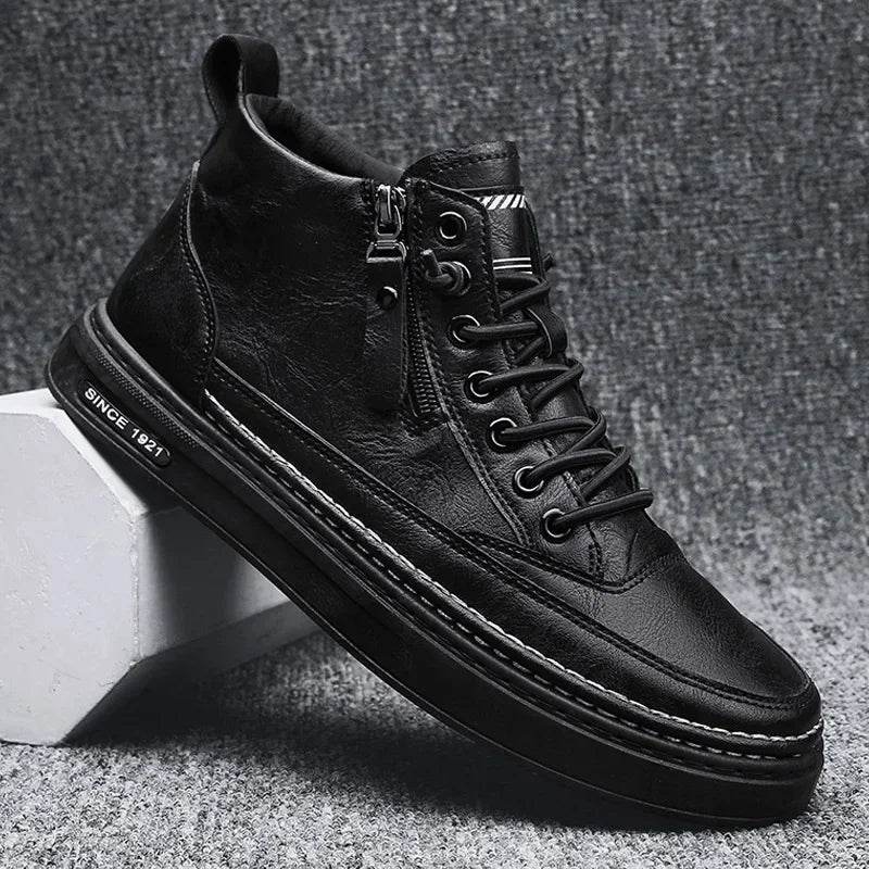 Leather Boots Men Spring High Casual Shoes for Men Trend Zipper Walk Flats Winter Shoes Vulcanized Ankle Boots New Zapatillas - Touchy Style