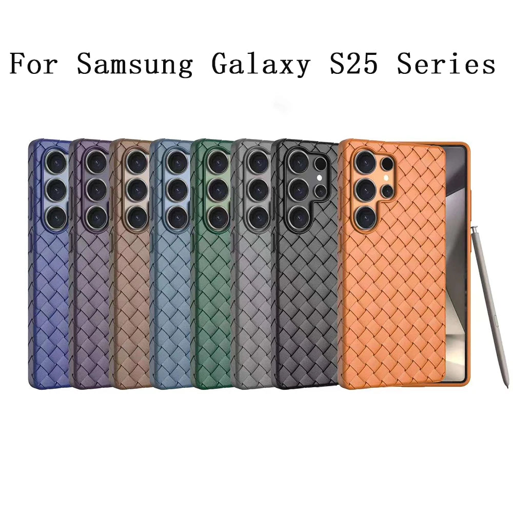 Luxury Leather Breathable Phone Case For Samsung Galaxy S25 Ultra Plus Weave Pattern Mesh Grid Heat Dissipation Cooling Cover