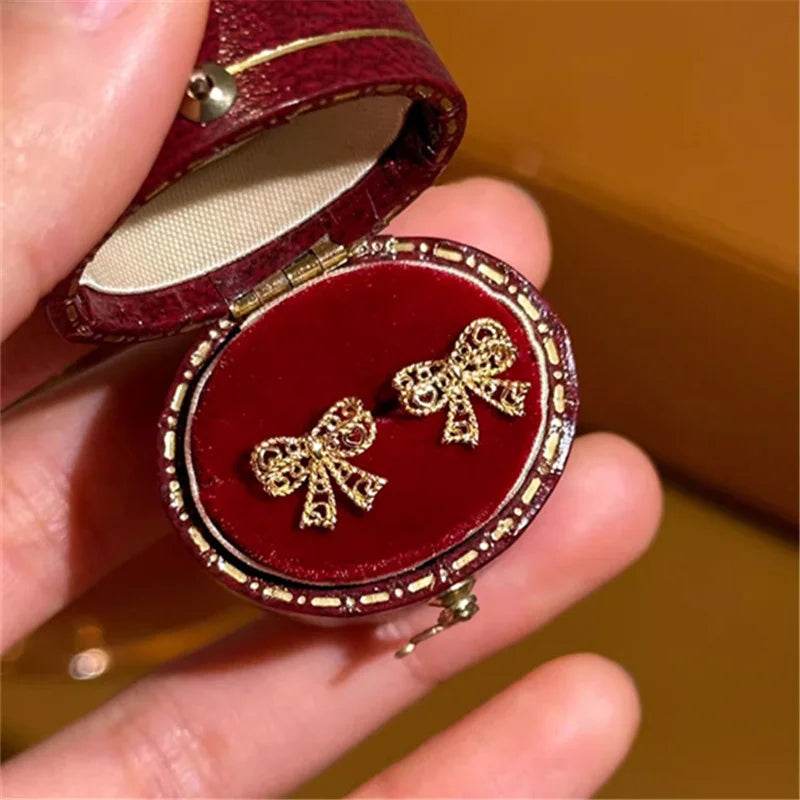 Genuine 925 Sterling Silver Plated 14K Gold Lace Bow Cute Earrings For Women Romantic Earrings Fine Hypoallergenic Jewelry - Touchy Style