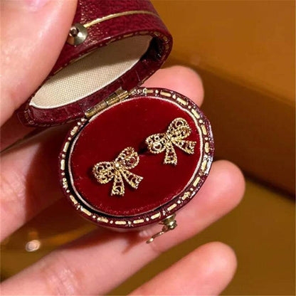 Genuine 925 Sterling Silver Plated 14K Gold Lace Bow Cute Earrings For Women Romantic Earrings Fine Hypoallergenic Jewelry - Touchy Style