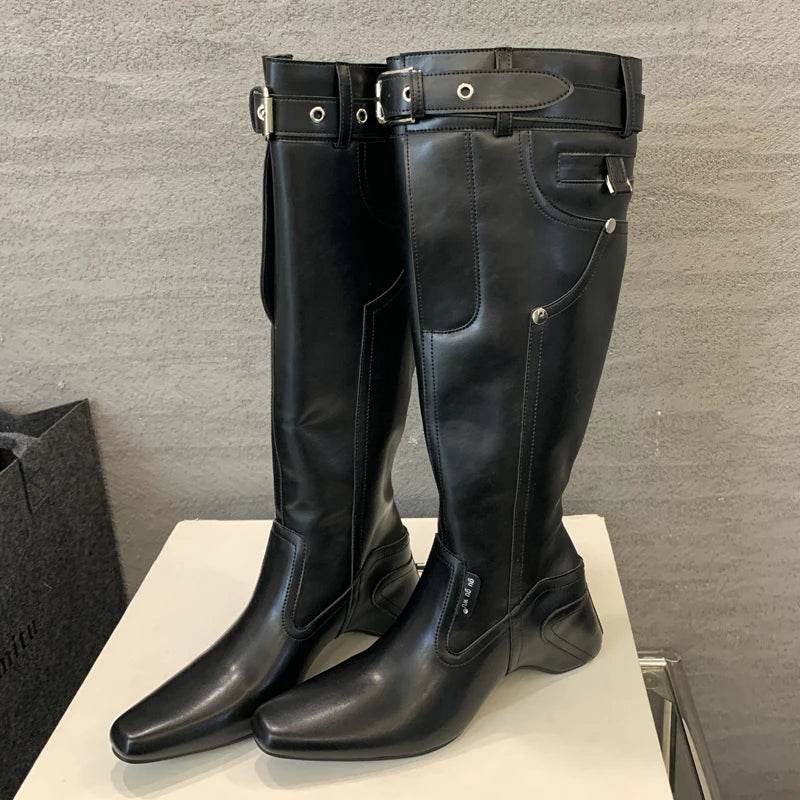 Winter Street Style Wedges Heels Knee-High Women Boots Fashion Belt Buckle Long Booties Designer Shoes Zapatos De Mujer - Touchy Style