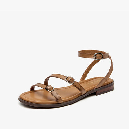 BEAUTODAY Fashion Sandals Women Cow Leather Buckle Strap Open Toe Solid Color Casual Ladies Flat Shoes Handmade 32403