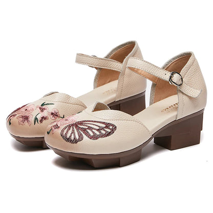 High Heels Sandals Women Shoes 2024 New Spring Genuine Leather Buckle Strap Retro Round Toe Casual Platform Ladies Shoes