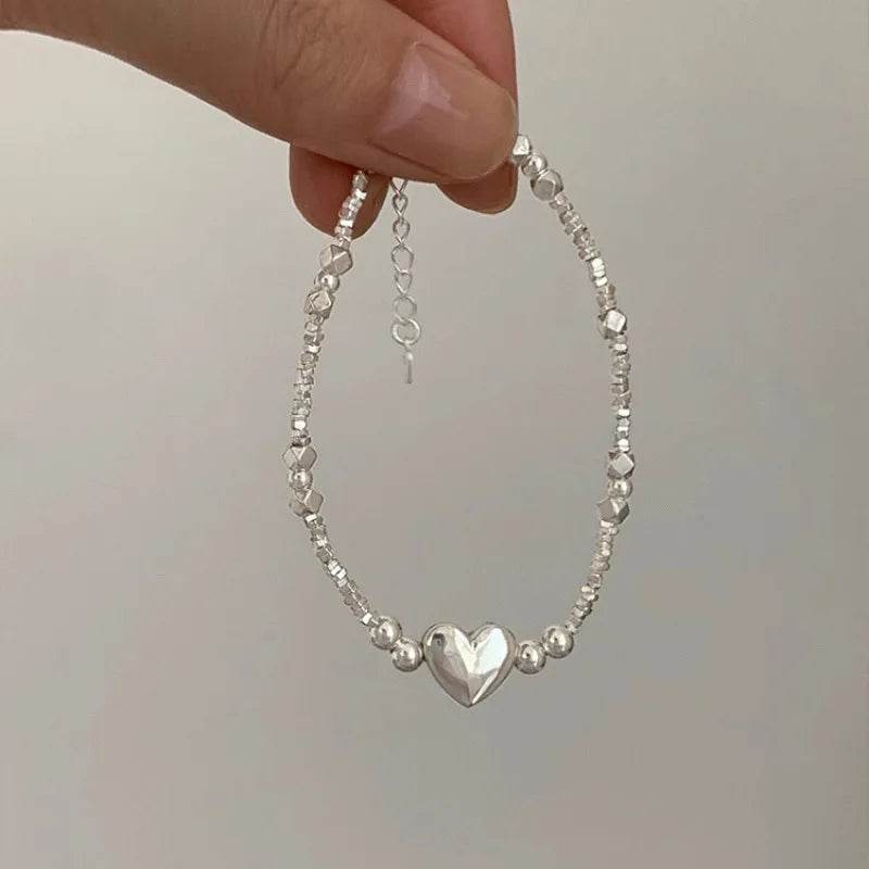 PANJBJ 925 Sterling Silver Love Heart Bead Bracelet For Women Irregular Versatile Classic Jewelry Birthday Gift - B7490 Design - Touchy Style