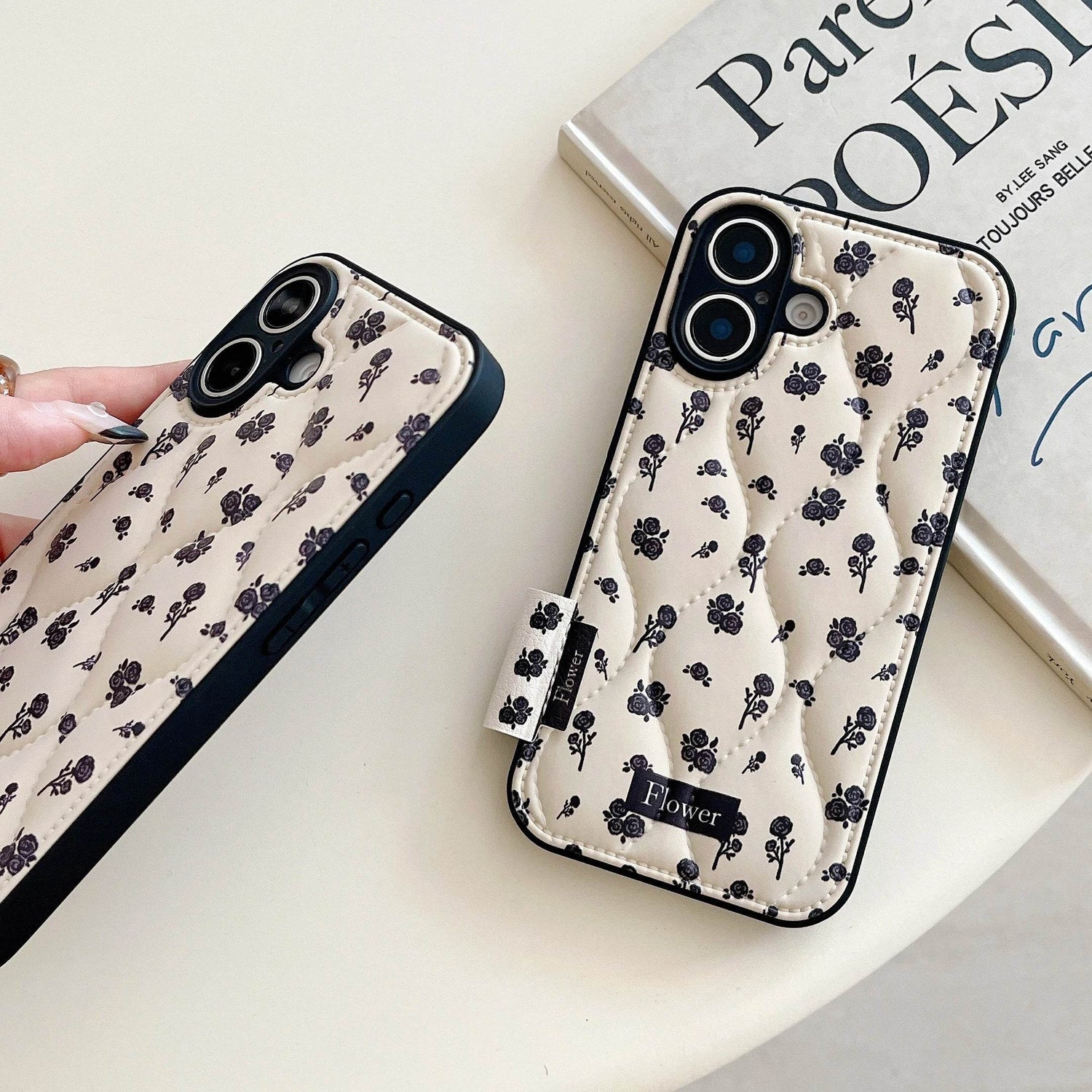 Cute Phone Cases for iPhone 16, 15, 14, 13 Pro Max - Winter Vibe Cotton Stuffed Black Roses Pattern - Chic Back Cover - PC1320 - Touchy Style