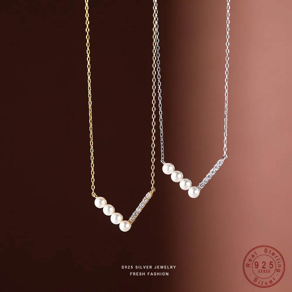 S925 Sterling Silver V Shape Half Pearl Half Zircon Pendant Necklace for Women Simple Light Luxury Wedding Jewelry Accessories - Touchy Style