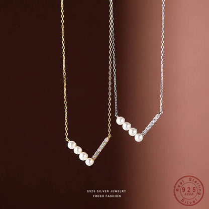 S925 Sterling Silver V Shape Half Pearl Half Zircon Pendant Necklace for Women Simple Light Luxury Wedding Jewelry Accessories - Touchy Style