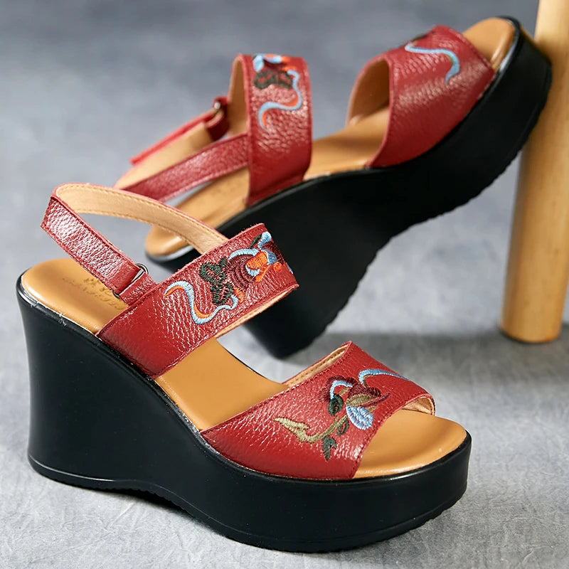 New Women Luxury Platform Wedge Sandals Cow Genuine Leather Summer Shoes Hollow Pumps Casual Breathable Leisure