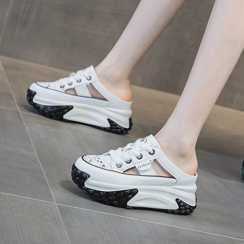 Genuine Leather Slippers Women Hollow Mules Summer Height Increasing Breathable Casual Shoes Wedges Platform Slip On Sneakers