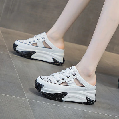 Genuine Leather Slippers Women Hollow Mules Summer Height Increasing Breathable Casual Shoes Wedges Platform Slip On Sneakers